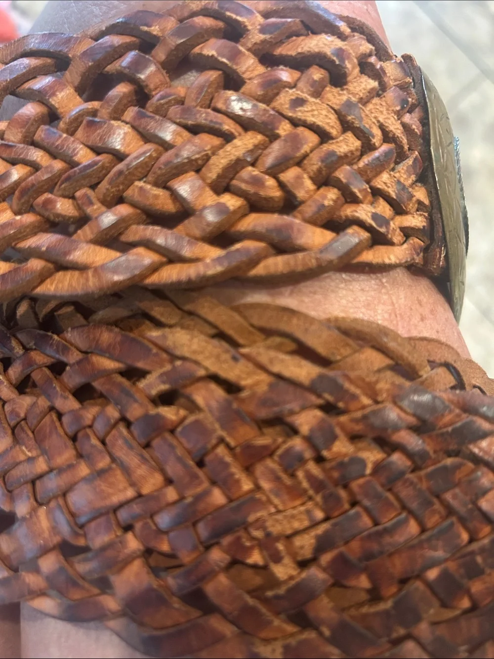 Braided Leather Waist Belt with Antique Brass Hammered Buckle - Brown